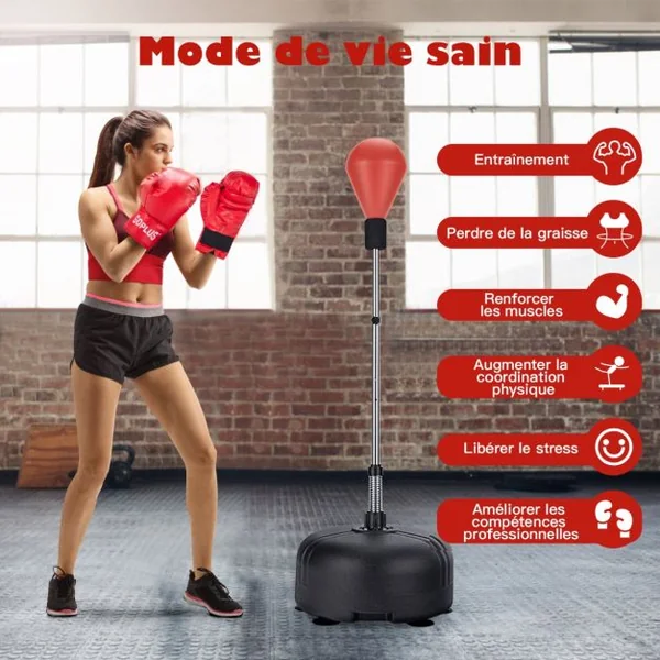 Punching Ball sur Pied Réglable en Hauteur 140-158 cm avec Gants Base Lesté avec Ventouses pour Enfants/Adultes Noir/Rouge