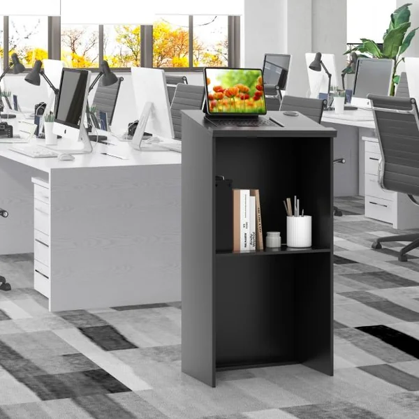 Pupitre pour Podium Support D'hôtesse de 116,5 Cm avec Étagère de Rangement et Trous pour Câbles Pupitre en Bois pour Église Bureau Restaurant Noir