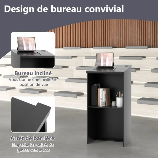 Pupitre pour Podium Support D'hôtesse de 116,5 Cm avec Étagère de Rangement et Trous pour Câbles Pupitre en Bois pour Église Bureau Restaurant Noir