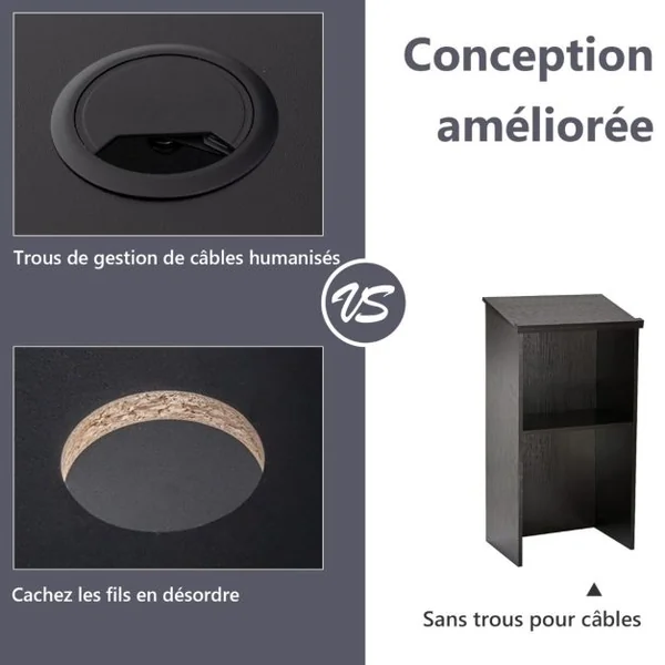 Pupitre pour Podium Support D'hôtesse de 116,5 Cm avec Étagère de Rangement et Trous pour Câbles Pupitre en Bois pour Église Bureau Restaurant Noir