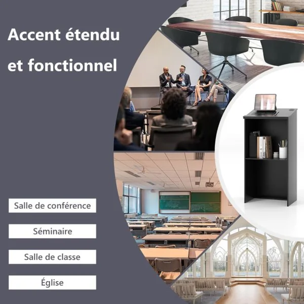 Pupitre pour Podium Support D'hôtesse de 116,5 Cm avec Étagère de Rangement et Trous pour Câbles Pupitre en Bois pour Église Bureau Restaurant Noir