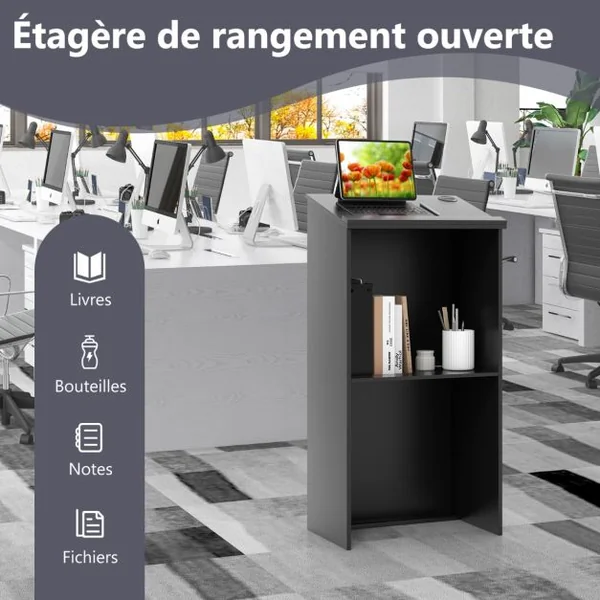 Pupitre pour Podium Support D'hôtesse de 116,5 Cm avec Étagère de Rangement et Trous pour Câbles Pupitre en Bois pour Église Bureau Restaurant Noir