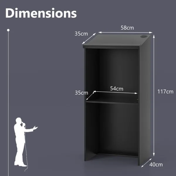 Pupitre pour Podium Support D'hôtesse de 116,5 Cm avec Étagère de Rangement et Trous pour Câbles Pupitre en Bois pour Église Bureau Restaurant Noir