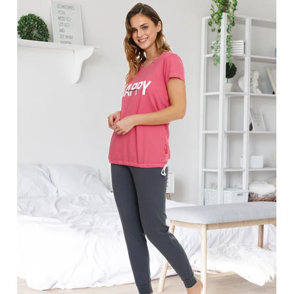 Pyjama de grossesse et d'allaitement en coton oeko-tex - Fuschia/Bleu - Reste L