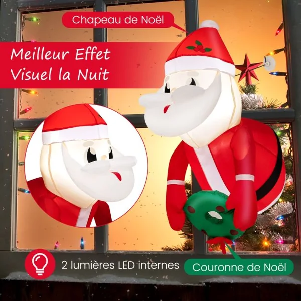 Père Noël Gonflable 100CM - Décoration Fenêtre de Noël Gonflable - 2 Lumières LED Intégrées 3Ventouses