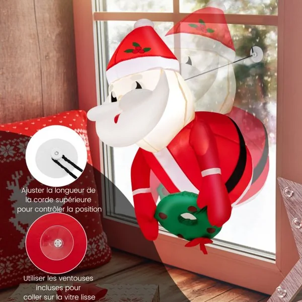 Père Noël Gonflable 100CM - Décoration Fenêtre de Noël Gonflable - 2 Lumières LED Intégrées 3Ventouses