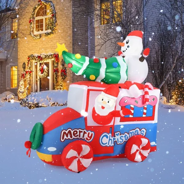 Père Noël Gonflable de 177 cm sur Une Voiture avec Bonhomme de Neige Décoration de Noël avec Sapin de Noël et Couronne 5 LED