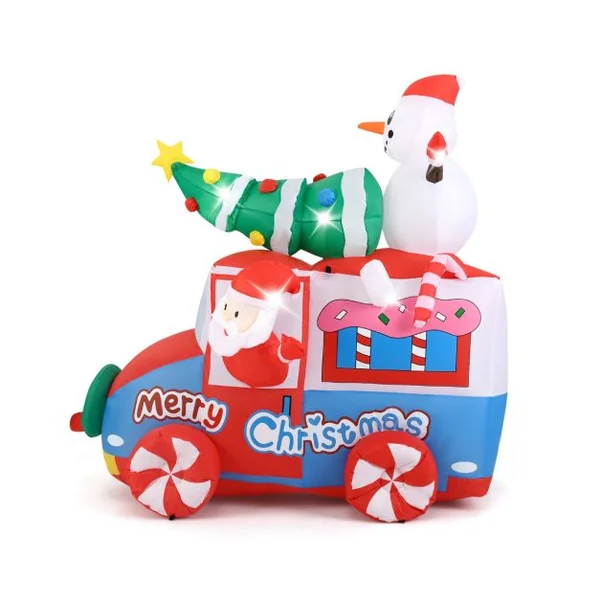 Père Noël Gonflable de 177 cm sur Une Voiture avec Bonhomme de Neige Décoration de Noël avec Sapin de Noël et Couronne 5 LED