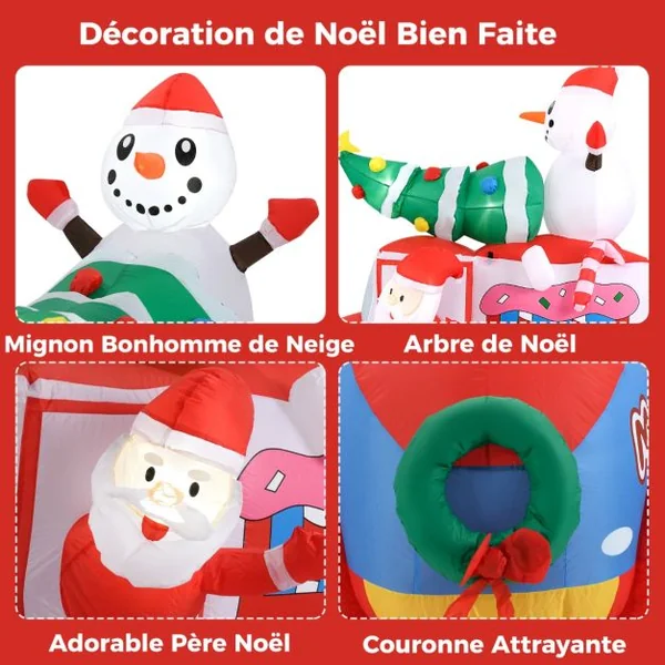 Père Noël Gonflable de 177 cm sur Une Voiture avec Bonhomme de Neige Décoration de Noël avec Sapin de Noël et Couronne 5 LED