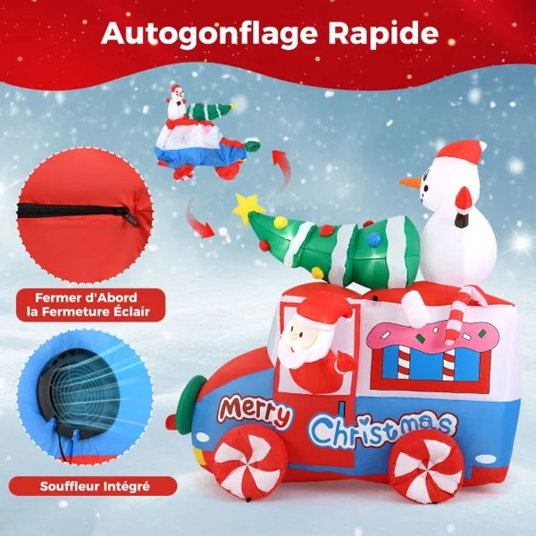 Père Noël Gonflable de 177 cm sur Une Voiture avec Bonhomme de Neige Décoration de Noël avec Sapin de Noël et Couronne 5 LED