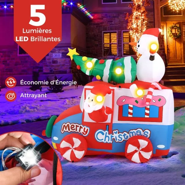 Père Noël Gonflable de 177 cm sur Une Voiture avec Bonhomme de Neige Décoration de Noël avec Sapin de Noël et Couronne 5 LED