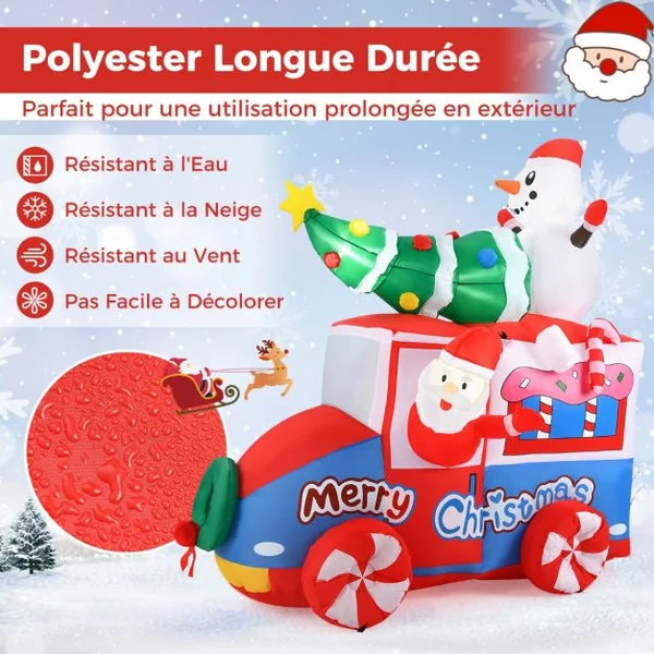 Père Noël Gonflable de 177 cm sur Une Voiture avec Bonhomme de Neige Décoration de Noël avec Sapin de Noël et Couronne 5 LED