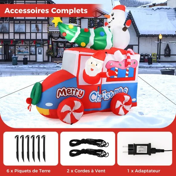 Père Noël Gonflable de 177 cm sur Une Voiture avec Bonhomme de Neige Décoration de Noël avec Sapin de Noël et Couronne 5 LED