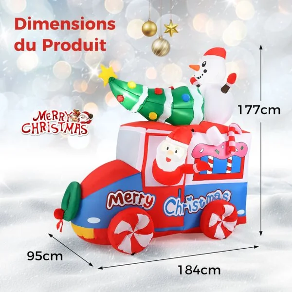 Père Noël Gonflable de 177 cm sur Une Voiture avec Bonhomme de Neige Décoration de Noël avec Sapin de Noël et Couronne 5 LED