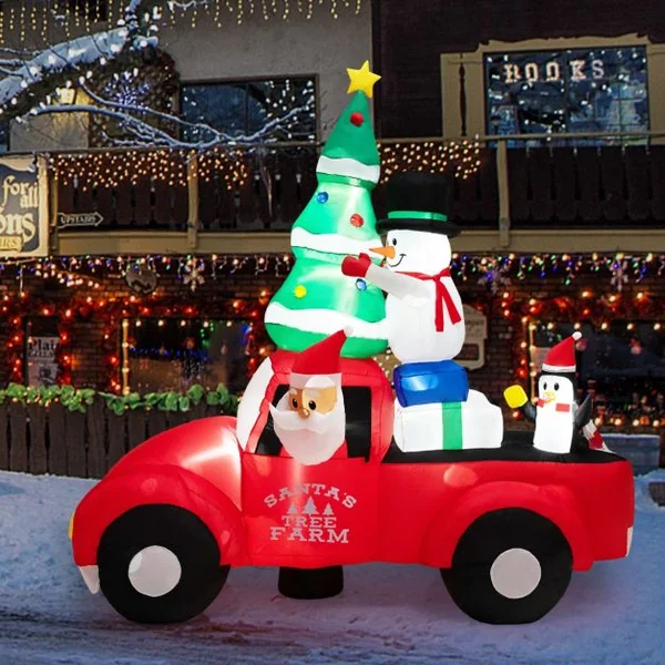 Père Noël Gonflable de 240 cm de Large Conduisant une Voiture avec LEDS et Gonfleur Décoration Gonflable de Cour avec Bonhomme de Neige et Pingouin Extérieure Intérieure