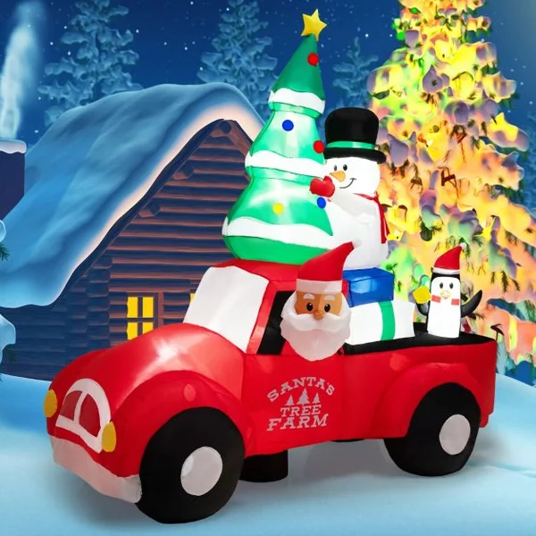 Père Noël Gonflable de 240 cm de Large Conduisant une Voiture avec LEDS et Gonfleur Décoration Gonflable de Cour avec Bonhomme de Neige et Pingouin Extérieure Intérieure
