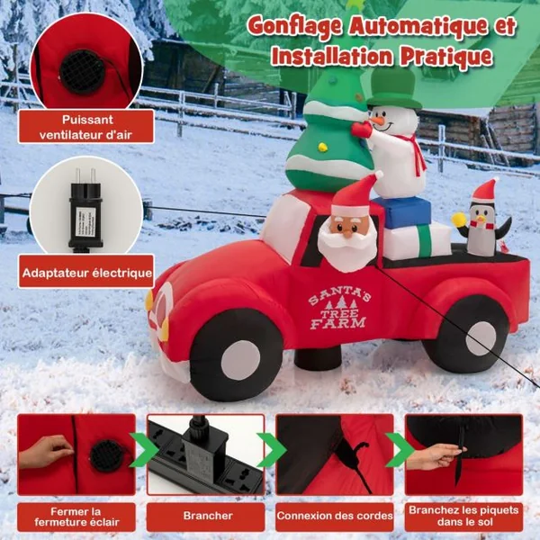 Père Noël Gonflable de 240 cm de Large Conduisant une Voiture avec LEDS et Gonfleur Décoration Gonflable de Cour avec Bonhomme de Neige et Pingouin Extérieure Intérieure