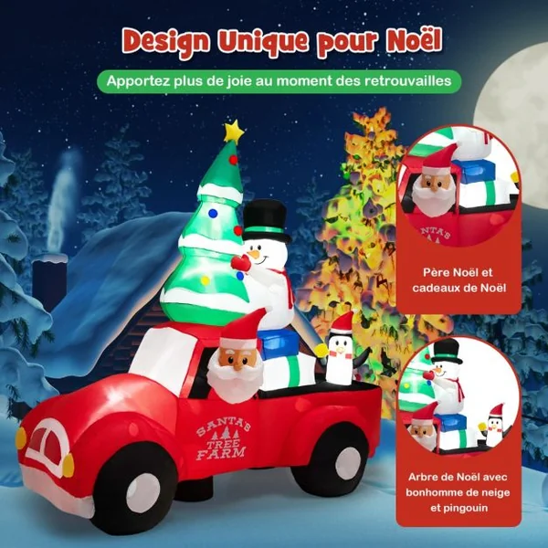 Père Noël Gonflable de 240 cm de Large Conduisant une Voiture avec LEDS et Gonfleur Décoration Gonflable de Cour avec Bonhomme de Neige et Pingouin Extérieure Intérieure