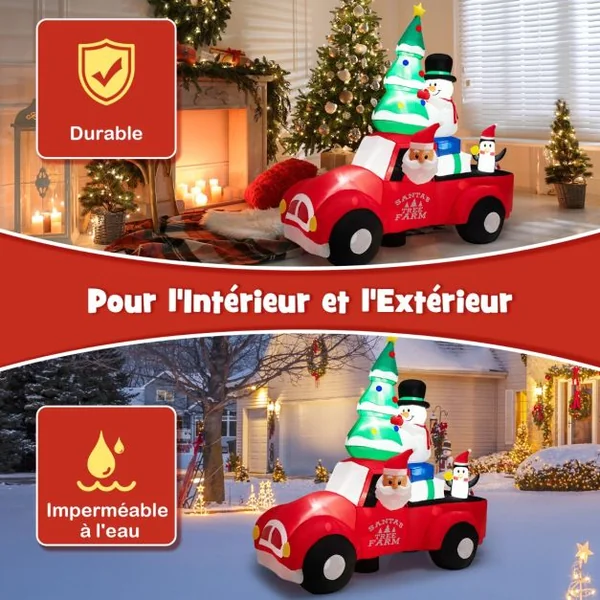 Père Noël Gonflable de 240 cm de Large Conduisant une Voiture avec LEDS et Gonfleur Décoration Gonflable de Cour avec Bonhomme de Neige et Pingouin Extérieure Intérieure