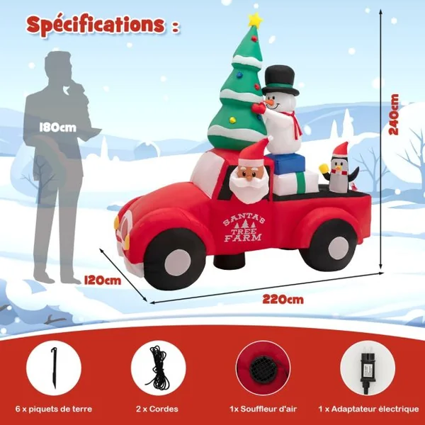Père Noël Gonflable de 240 cm de Large Conduisant une Voiture avec LEDS et Gonfleur Décoration Gonflable de Cour avec Bonhomme de Neige et Pingouin Extérieure Intérieure
