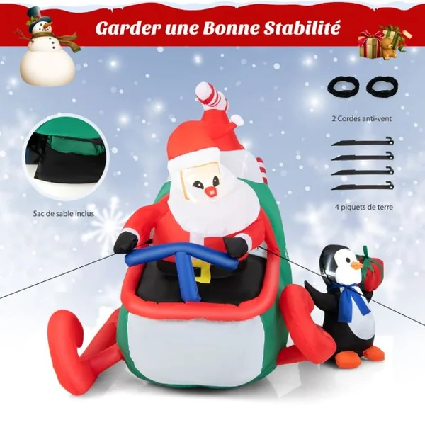 Père Noël Gonflable Décoratif 190CM de Long avec Hélicoptère/Pingouin/Cadeau Décoration de Noël avec Lumières LED Gonfleur