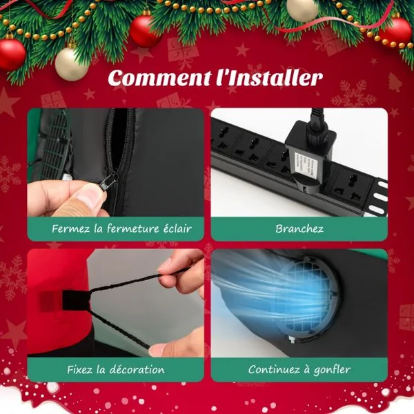 Père Noël Gonflable Décoratif 190CM de Long avec Hélicoptère/Pingouin/Cadeau Décoration de Noël avec Lumières LED Gonfleur