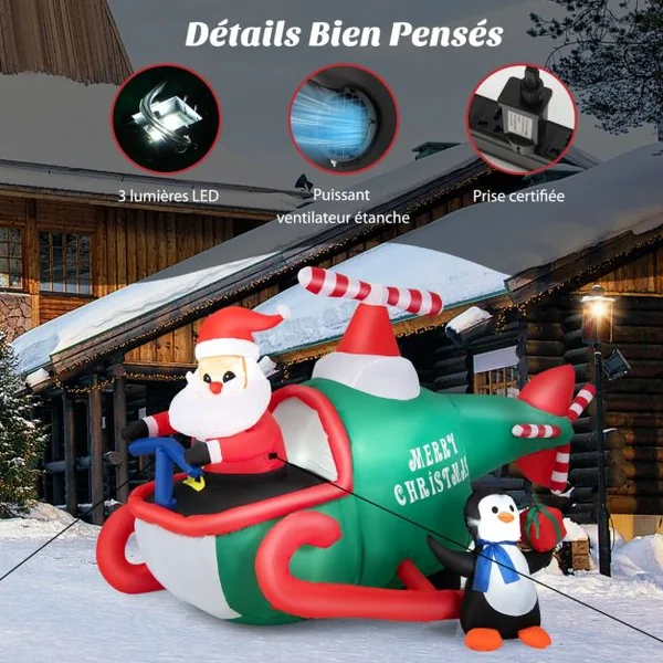 Père Noël Gonflable Décoratif 190CM de Long avec Hélicoptère/Pingouin/Cadeau Décoration de Noël avec Lumières LED Gonfleur