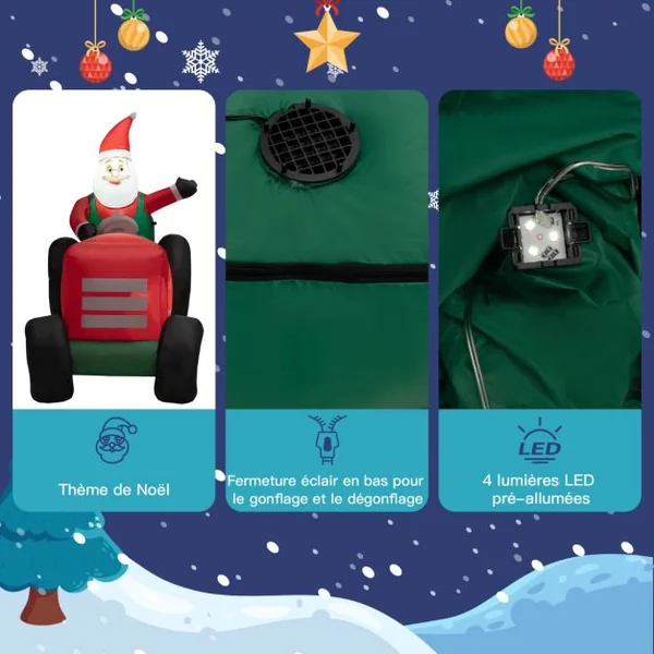 Père Noël Gonflable Décoratif 270 CM de Long avec Tracteur et Cadeaux Décoration de Noël avec Lumières LED Gonfleur