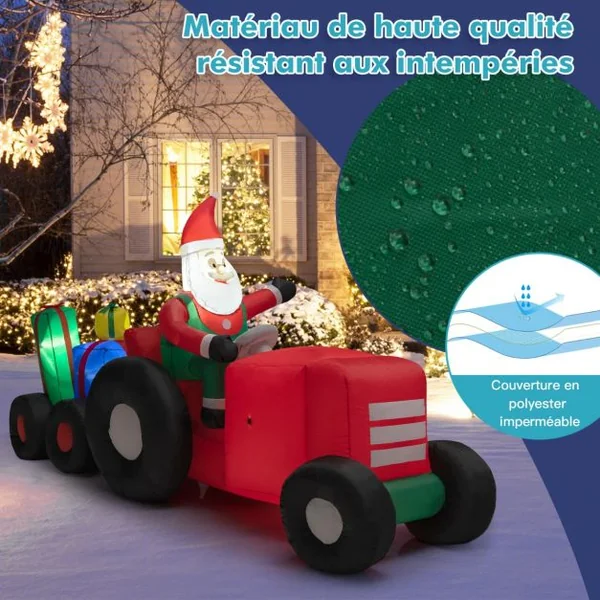 Père Noël Gonflable Décoratif 270 CM de Long avec Tracteur et Cadeaux Décoration de Noël avec Lumières LED Gonfleur