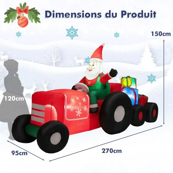Père Noël Gonflable Décoratif 270 CM de Long avec Tracteur et Cadeaux Décoration de Noël avec Lumières LED Gonfleur