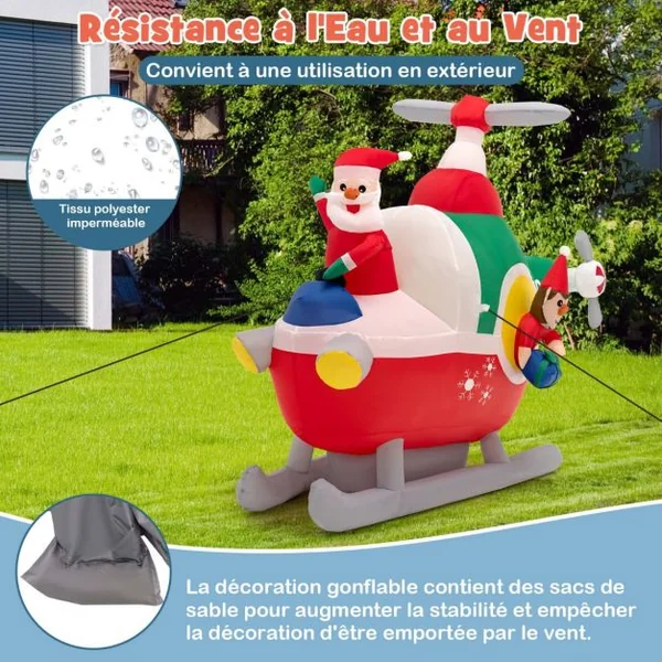 Père Noël Gonflable Décoratif Hélicoptère Décoration de Noël Longeur 180 cm avec 3 Lumières LED
