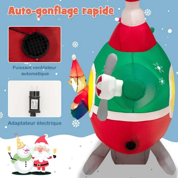 Père Noël Gonflable Décoratif Hélicoptère Décoration de Noël Longeur 180 cm avec 3 Lumières LED