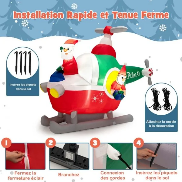 Père Noël Gonflable Décoratif Hélicoptère Décoration de Noël Longeur 180 cm avec 3 Lumières LED