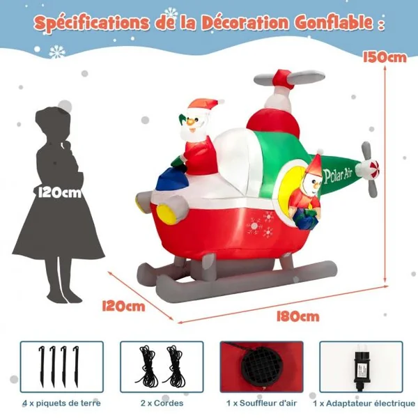 Père Noël Gonflable Décoratif Hélicoptère Décoration de Noël Longeur 180 cm avec 3 Lumières LED