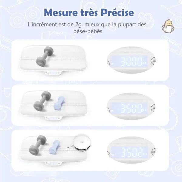 Pèse-bébé Numérique avec 4 Modes de Mesure Balance précise avec Écran LCD avec Échelle de 60 cm Piles non Incluses Blanc
