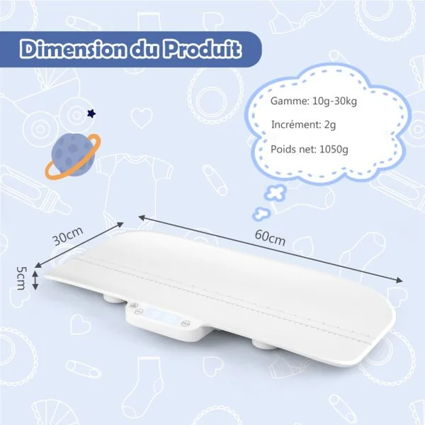 Pèse-bébé Numérique avec 4 Modes de Mesure Balance précise avec Écran LCD avec Échelle de 60 cm Piles non Incluses Blanc