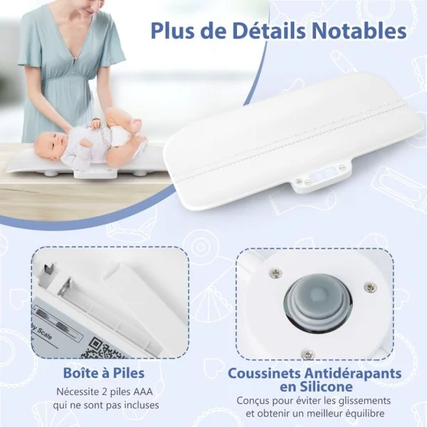Pèse-bébé Numérique avec Contrôle Intelligent Charge 30 kg Balance Précise à 2 g avec Fonction de Maintien et Tare Échelle 60 cm Blanc