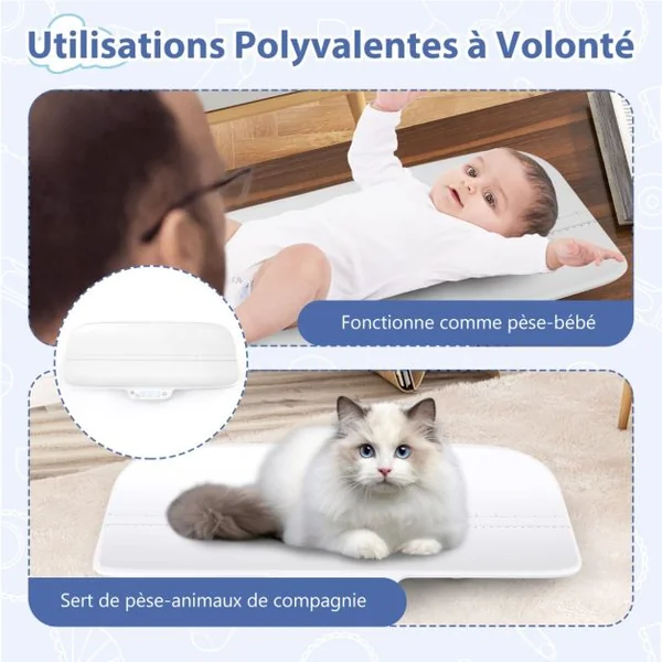 Pèse-bébé Numérique avec Contrôle Intelligent Charge 30 kg Balance Précise à 2 g avec Fonction de Maintien et Tare Échelle 60 cm Blanc