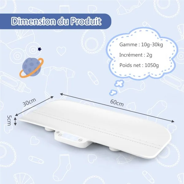 Pèse-bébé Numérique avec Contrôle Intelligent Charge 30 kg Balance Précise à 2 g avec Fonction de Maintien et Tare Échelle 60 cm Blanc