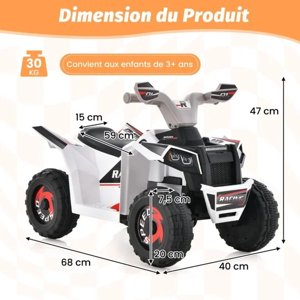 Quad Électrique 6 V 4 Roues Motrices Contrôle de Direction Bleu