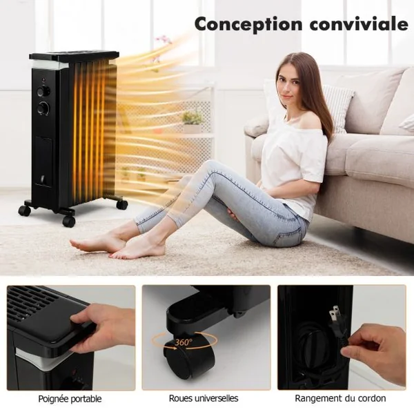 Radiateur Bain d'Huile 1500W 3 Chaleurs Réglable Séchoir Rétractable Thermostat Intégré Double Protection 7 Eléments Noir