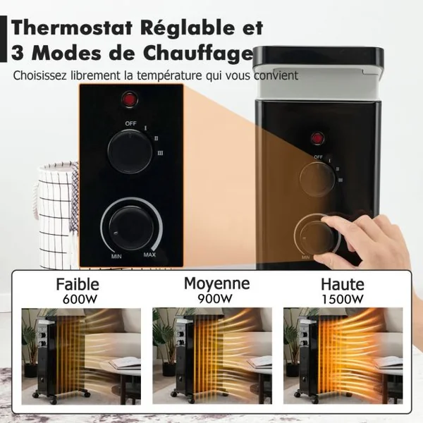 Radiateur Bain d'Huile 1500W 3 Chaleurs Réglable Séchoir Rétractable Thermostat Intégré Double Protection 7 Eléments Noir