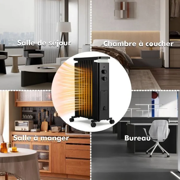 Radiateur Bain d'Huile 1500W 3 Chaleurs Réglable Séchoir Rétractable Thermostat Intégré Double Protection 7 Eléments Noir