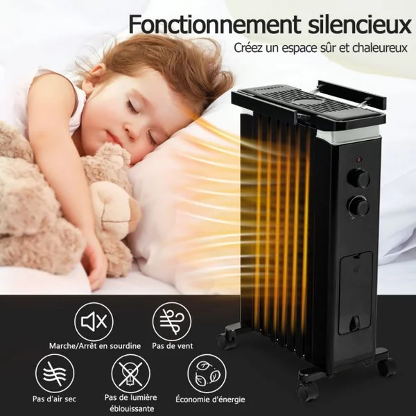 Radiateur Bain d'Huile 1500W 3 Chaleurs Réglable Séchoir Rétractable Thermostat Intégré Double Protection 7 Eléments Noir