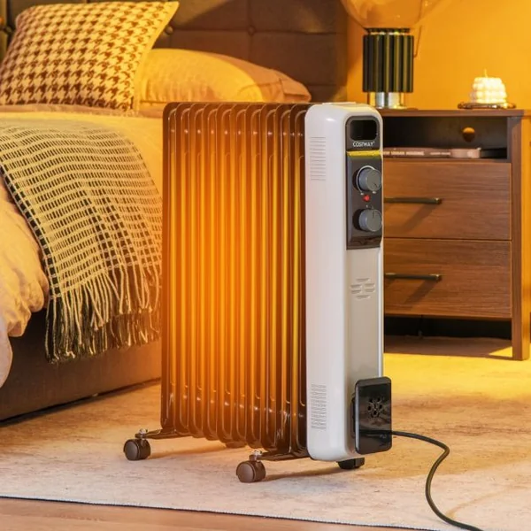 Radiateur Bain d'Huile Portable 2000W 3 Puissance 9 Éléments Thermostat Réglable Double Protection Rangement de Prise 25㎡