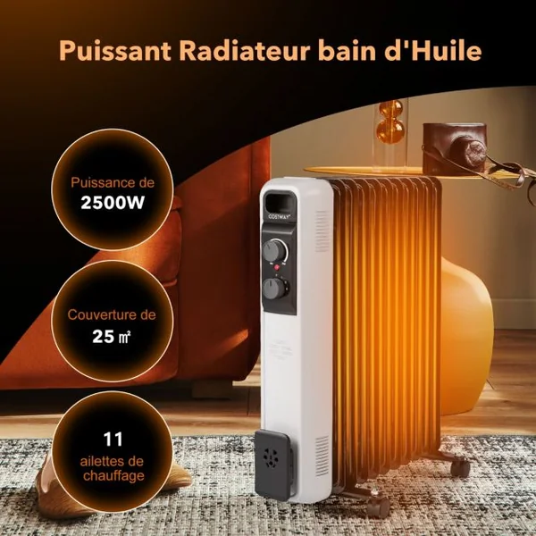 Radiateur Bain d'Huile Portable 2000W 3 Puissance 9 Éléments Thermostat Réglable Double Protection Rangement de Prise 25㎡