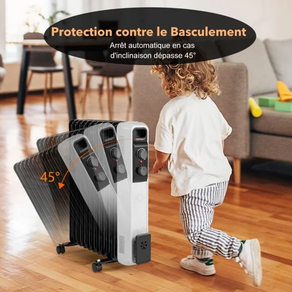 Radiateur Bain d'Huile Portable 2000W 3 Puissance 9 Éléments Thermostat Réglable Double Protection Rangement de Prise 25㎡