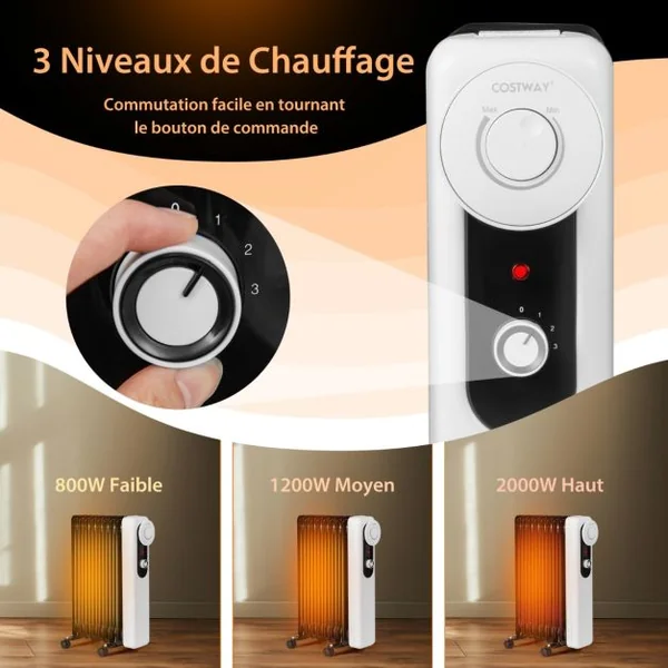 Radiateur Bain d'Huile Portable 2000W 3 Puissance 9 Éléments Thermostat Réglable Double Protection Économie d’Energie 25㎡ Noir