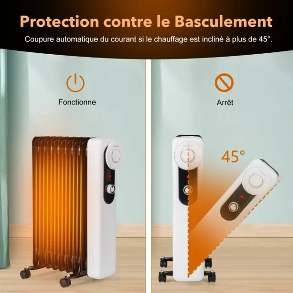 Radiateur Bain d'Huile Portable 2000W 3 Puissance 9 Éléments Thermostat Réglable Double Protection Économie d’Energie 25㎡ Noir
