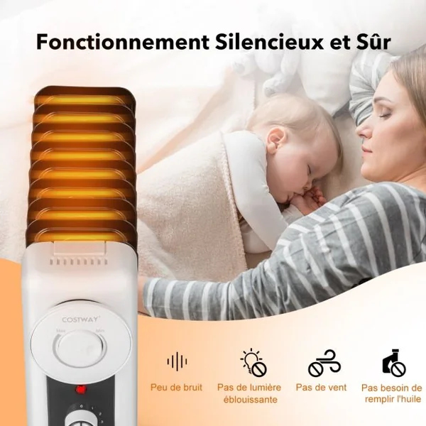 Radiateur Bain d'Huile Portable 2000W 3 Puissance 9 Éléments Thermostat Réglable Double Protection Économie d’Energie 25㎡ Noir